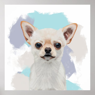 Cute White Chihuahua Dog Abstract Blue Background Poster