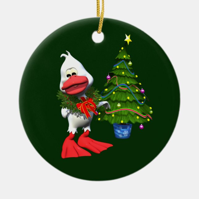 Cute White Christmas Duck Wearing a Wreath Ceramic Ornament (Front)