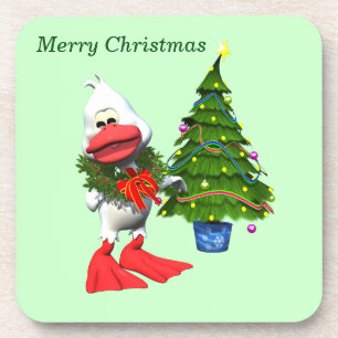 Cute White Christmas Duck Wearing a Wreath Coaster