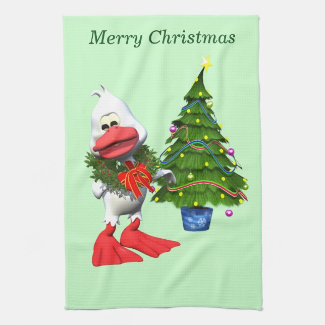 Cute White Christmas Duck Wearing a Wreath Kitchen Towel (Vertical)