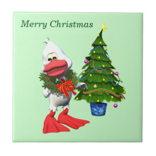 Cute White Christmas Duck Wearing a Wreath Tile