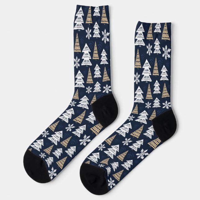 Cute White Christmas Tree Black Socks (Left)
