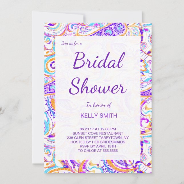 Cute white colourful paisley design invitation (Front)