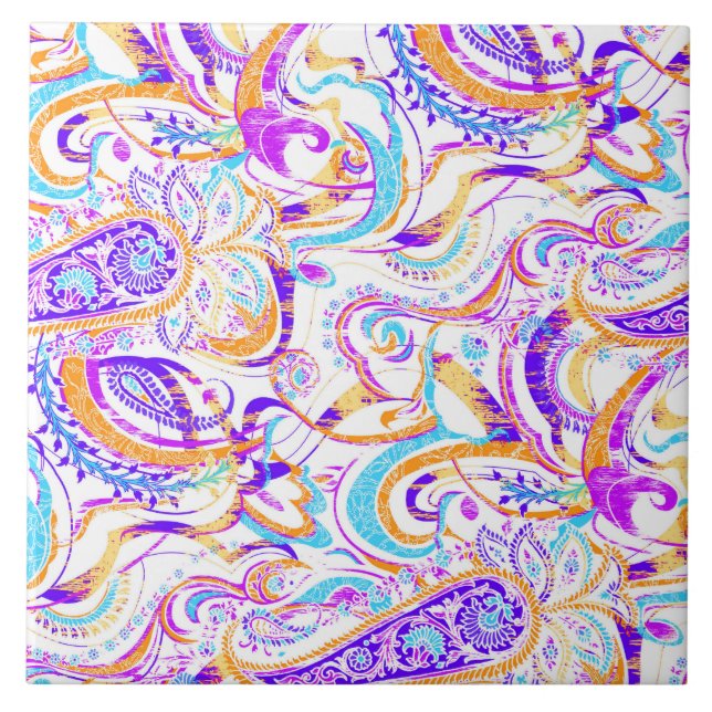 Cute white colourful paisley design tile (Front)