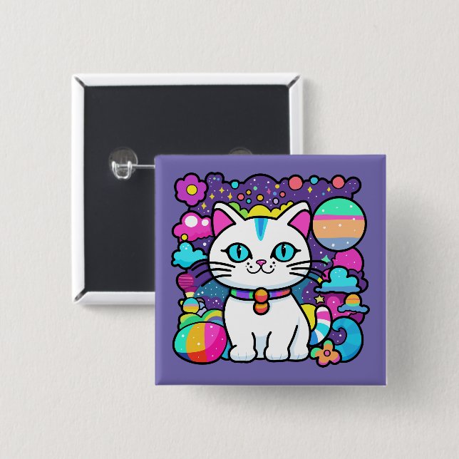 Cute White Cosmic Space Kitty Cat 2 Inch Square Button (Front & Back)
