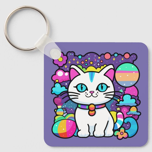 Cute White Cosmic Space Kitty Cat Keychain (Front)