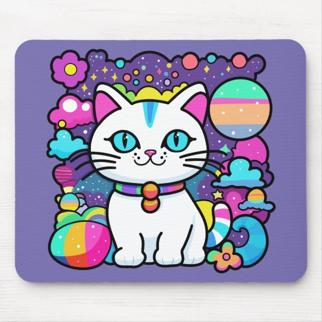 Cute White Cosmic Space Kitty Cat Mouse Pad (Front)