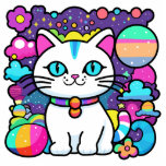 Cute White Cosmic Space Kitty Cat Photo Sculpture Magnet<br><div class="desc">Adorable, cute, whimsical, white cartoon kitty cat with big blue eyes, pink ears and wearing a bright colourful collar. She has a cute blue, pink and white striped tail and a blue stripe on her head. The background is mostly purple with planets, clouds, stars and flowers in a mix of...</div>