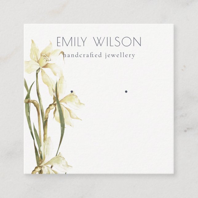 Cute White Daffodil Floral Stud Earring Display  Square Business Card (Front)