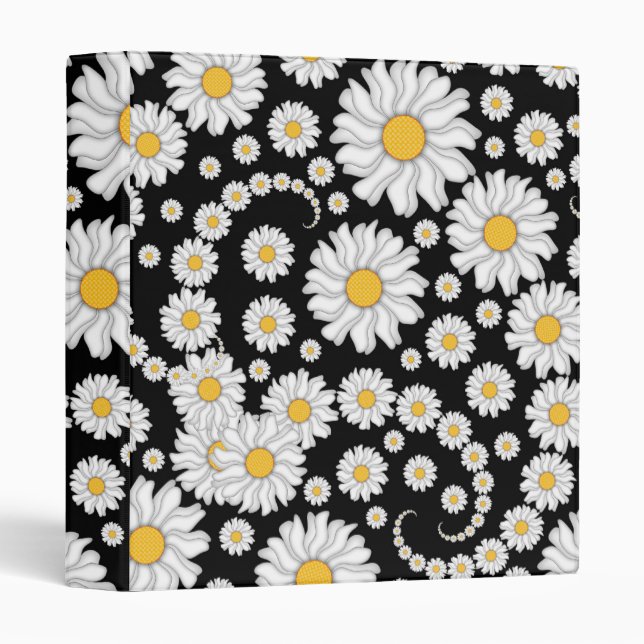 Cute White Daisies on Black Background Binder (Front/Spine)