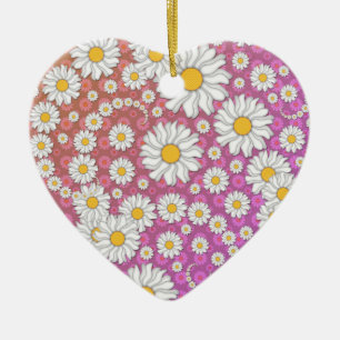 Cute White Daisies on Pink Yellow Background Ceramic Ornament
