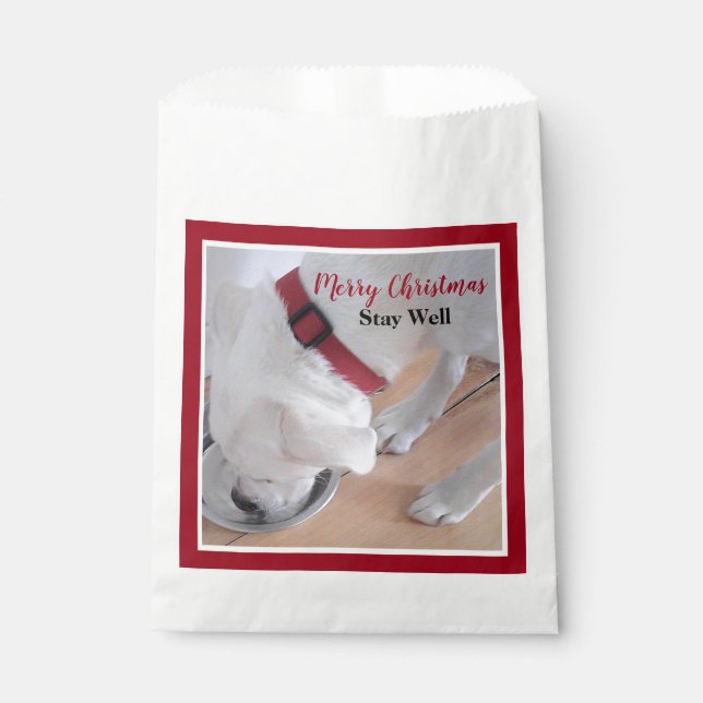 Cute White Dog Drinking Water Red Christmas Favour Bag (Front)