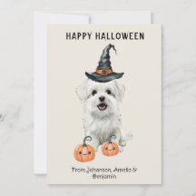 Cute White Dog Halloween Card | Witch Hat Pumpkin