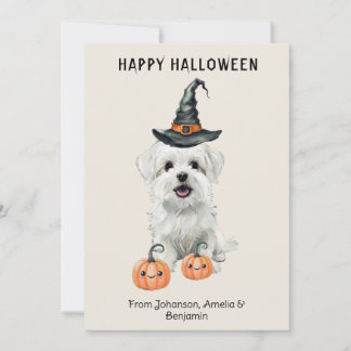 Cute White Dog Halloween Card | Witch Hat Pumpkin