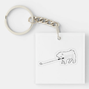 Cute White Dog Holding Leash In Mouth Walking Dood Keychain