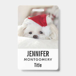 Cute White Dog in a Red Christmas Hat Badge