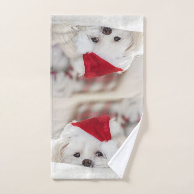 Cute White Dog in a Red Christmas Hat Bath Towel Set (Hand Towel)