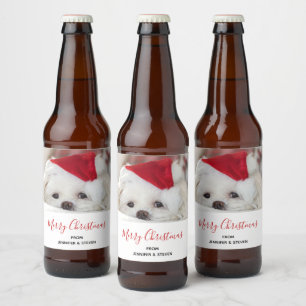 Cute White Dog in a Red Christmas Hat Beer Bottle Label
