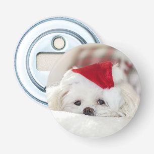 Cute White Dog in a Red Christmas Hat Bottle Opener