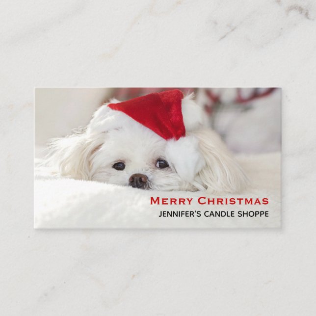 Cute White Dog in a Red Christmas Hat Business Card (Front)
