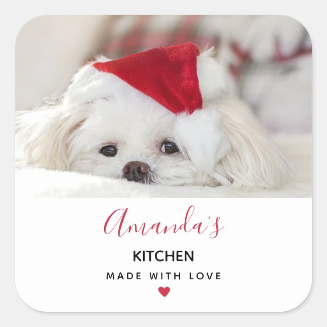 Cute White Dog in a Red Christmas Hat Kitchen Square Sticker (Front)