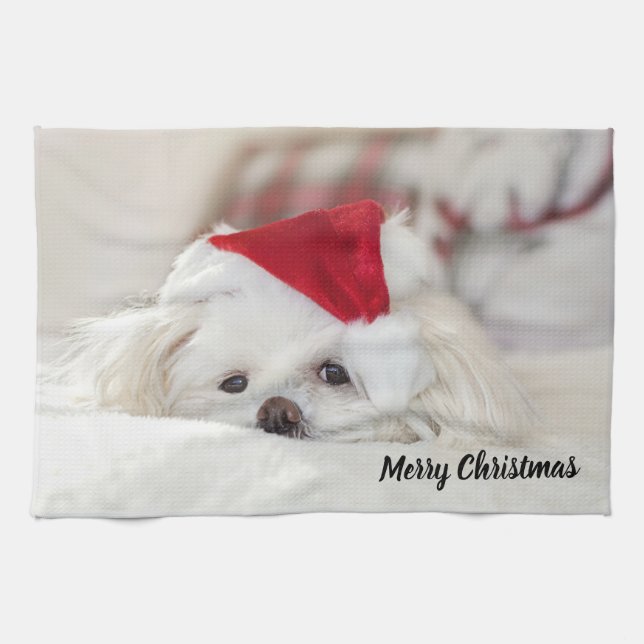 Cute White Dog in a Red Christmas Hat Kitchen Towel (Horizontal)