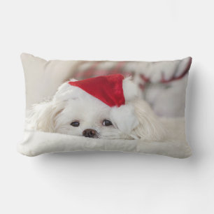 Cute White Dog in a Red Christmas Hat Lumbar Pillow