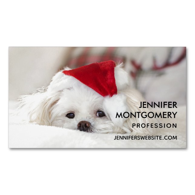 Cute White Dog in a Red Christmas Hat Magnetic Business Card (Front)