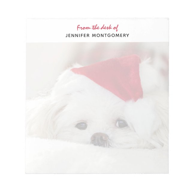 Cute White Dog in a Red Christmas Hat Notepad (Front)