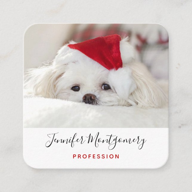 Cute White Dog in a Red Christmas Hat Square Business Card (Front)
