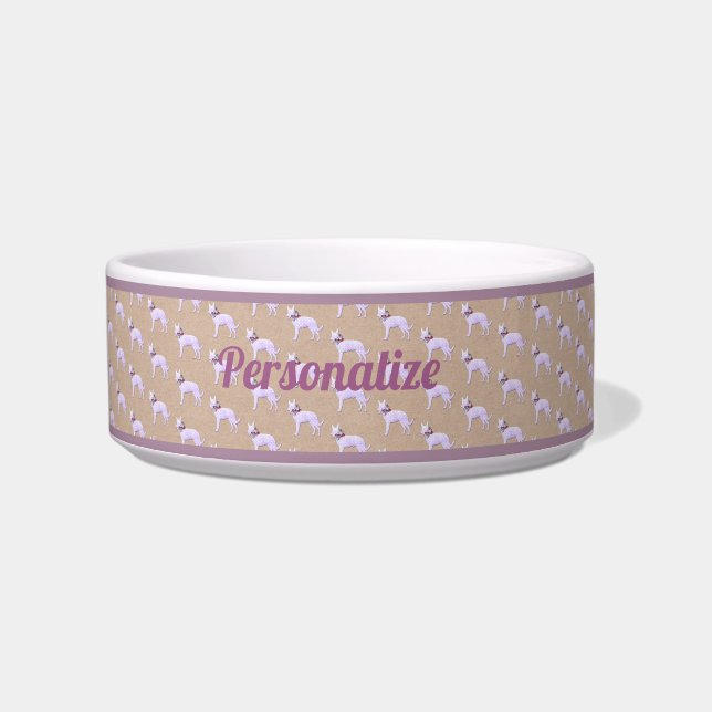 Cute White Dog Lavender Purple Pattern Dog Cat Bowl (Front)