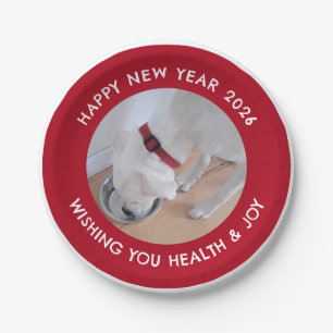 Cute White Dog Photo Healthy Happy New Year Red Paper Plate