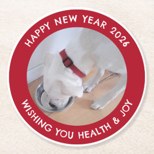 Cute White Dog Photo Healthy Happy New Year Red Round Paper Coaster