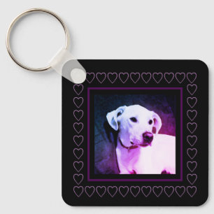 Cute White Dog Purple Hearts Frame Valentine's Day Keychain