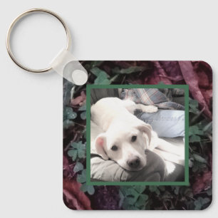 Cute White Dog Sitting With His Best Friend Dad Keychain