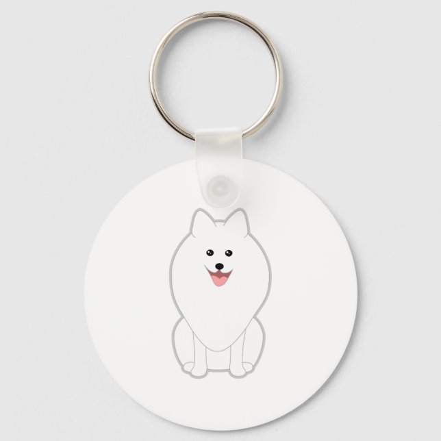 Cute White Dog. Spitz or Pomeranian. Keychain (Front)