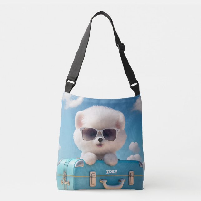Cute White Dog Travel Suitcase Personalized Name Crossbody Bag (Front)