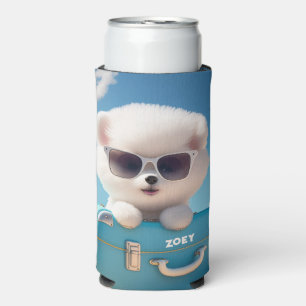 Cute White Dog Travel Suitcase Personalized Name Seltzer Can Cooler