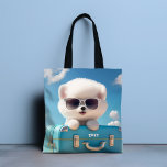 Cute White Dog Travel Suitcase Personalized Name Tote Bag<br><div class="desc">Cute White Dog Travel Suitcase Personalized Name Tote Bag features a cute white puppy dog wearing sunglasses on a retro suitcase ready to travel with your personalized name in modern white calligraphy script typography. Perfect gift for girls for birthday, Christmas and holidays or for a mom-to-be for a baby shower....</div>