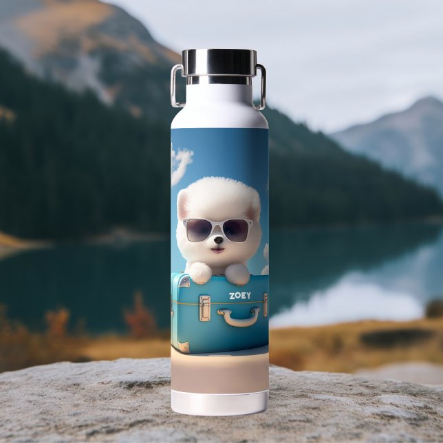 Cute White Dog Travel Suitcase Personalized Name Water Bottle (Creator Uploaded)