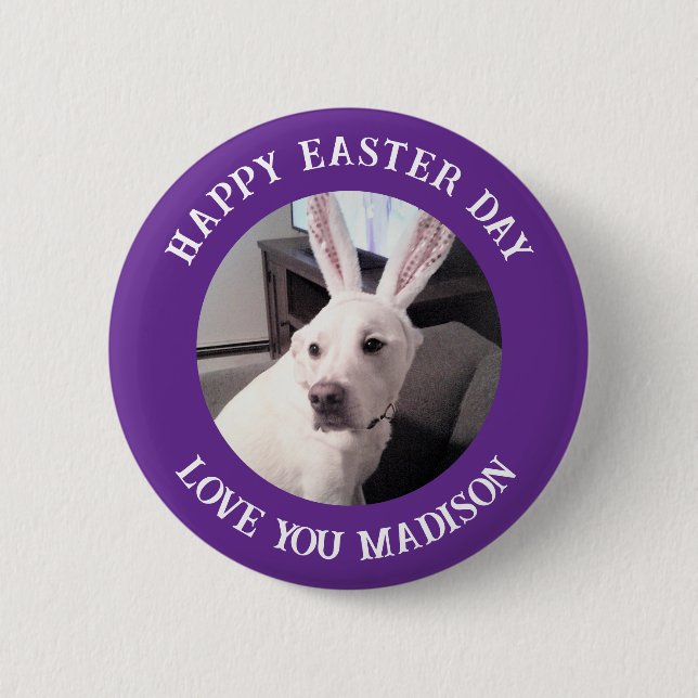 Cute White Dog Wearing Easter Bunny Ears Purple 2 Inch Round Button (Front)