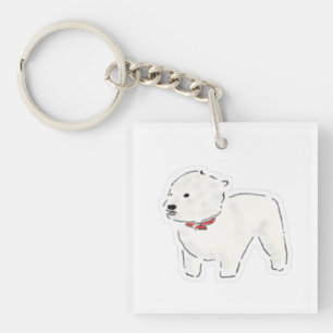 Cute White Dog Wearing Red Collar Doodle Illustrat Keychain