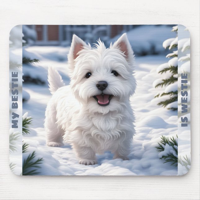 Cute White Dog Westie Winter Snow Custom Name Mouse Pad (Front)