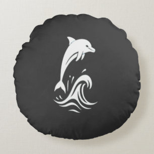 Cute White Dolphin Jumping Waves Ocean Papercut Ar Round Pillow