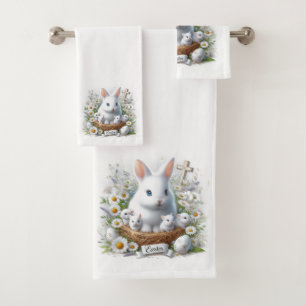 Cute White Easter Bunnies, Daisies and Cross Bath Towel Set