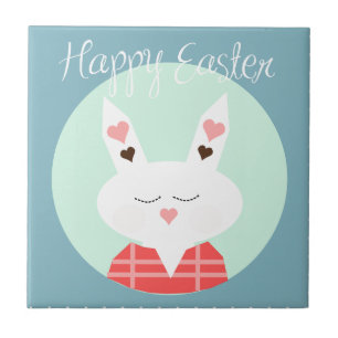 Cute white Easter bunny with pink hearts Tile