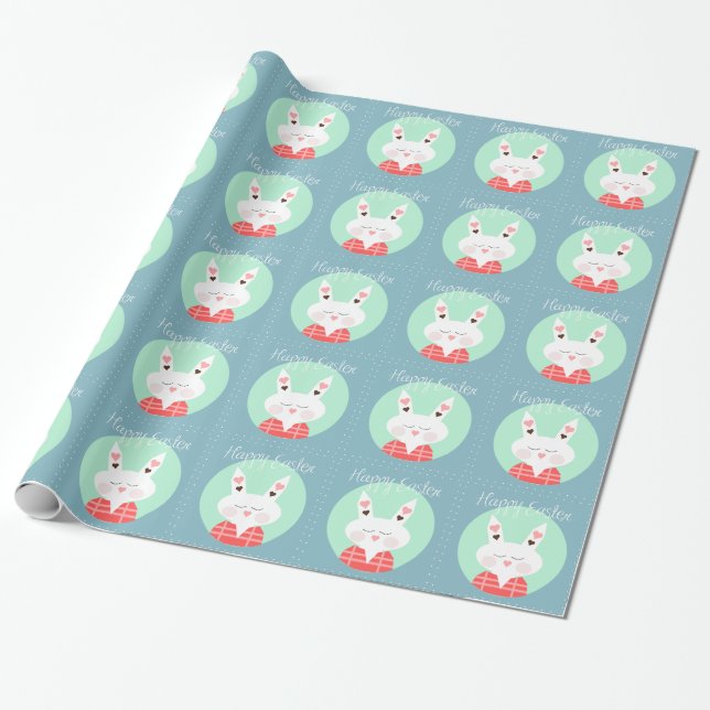 Cute white Easter bunny with pink hearts Wrapping Paper (Unrolled)