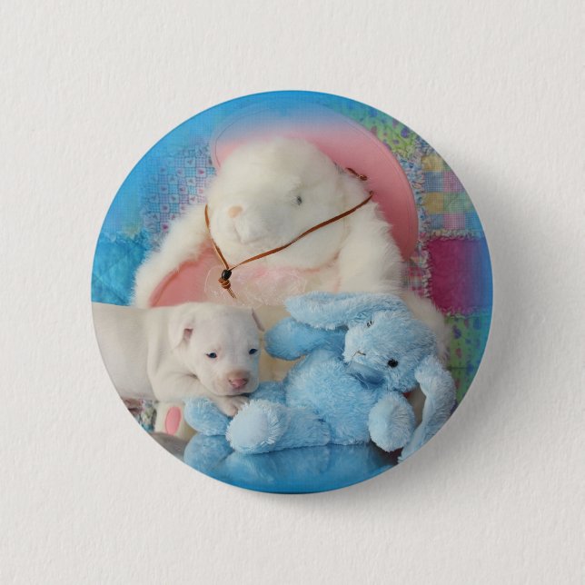 Cute White Easter Puppy Dog & Bunny Friends 2 Inch Round Button (Front)