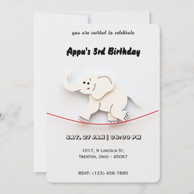 Cute White Elephant Balancing on Rope Personalized Invitation (Front)