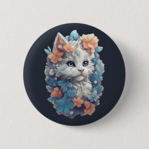 Cute White Floral Kitty Cat 2 Inch Round Button